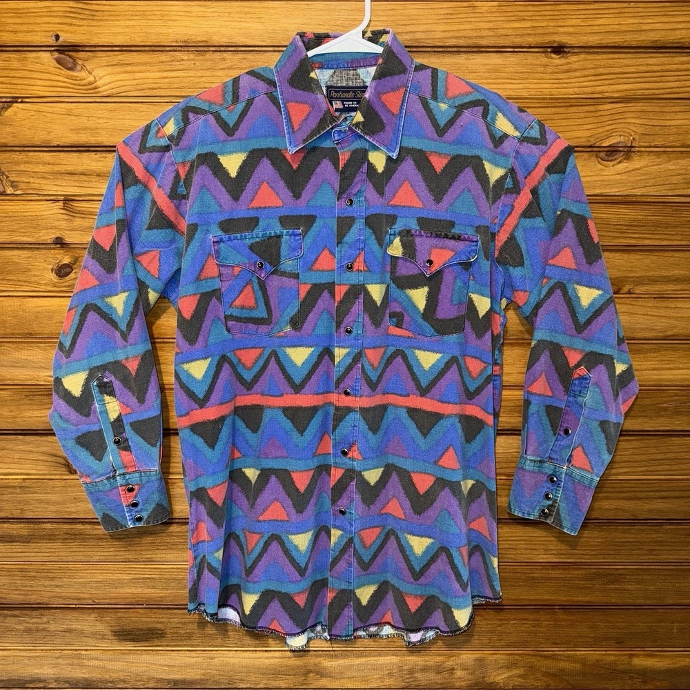 Vintage 90s Panhandle Slim Pearl Snap Western 16.5 33 Geometric Cotton Colorful